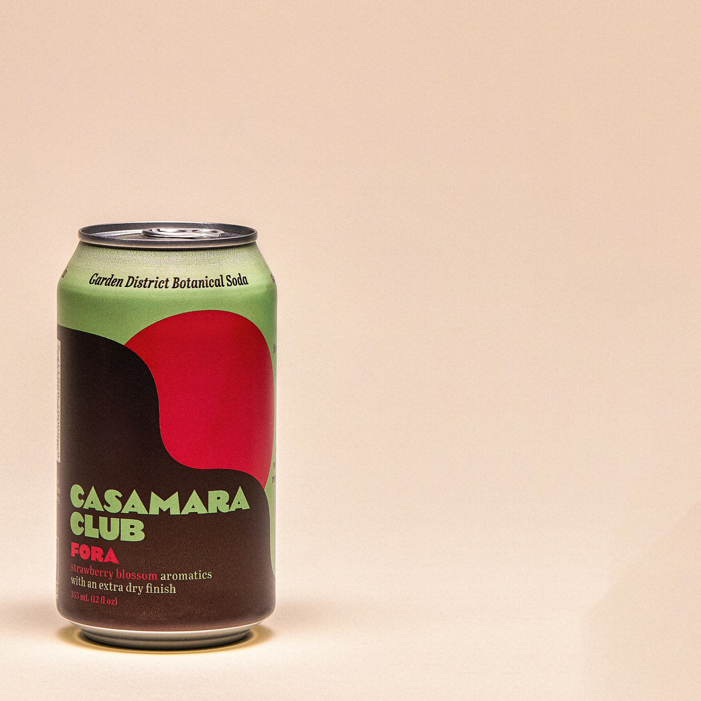 Garden District botanical soda — strawberry blossom, FORA — single can