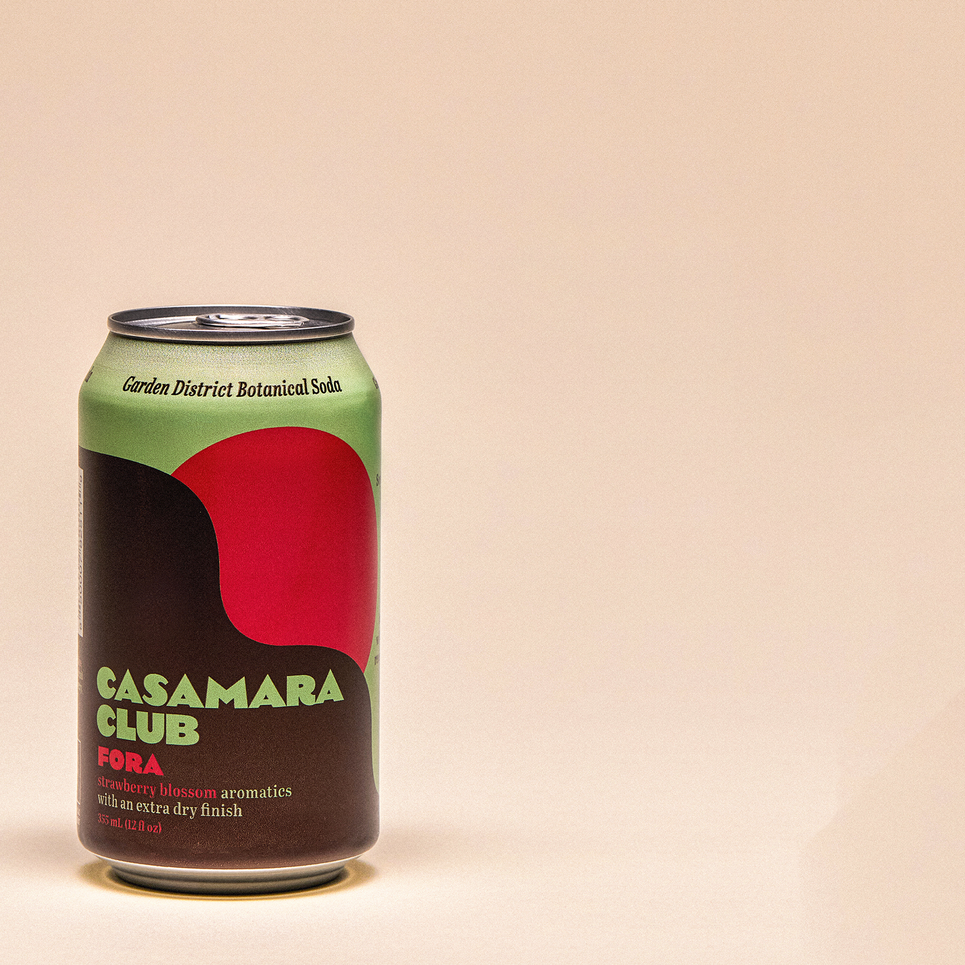 Garden District botanical soda — strawberry blossom, FORA — single can